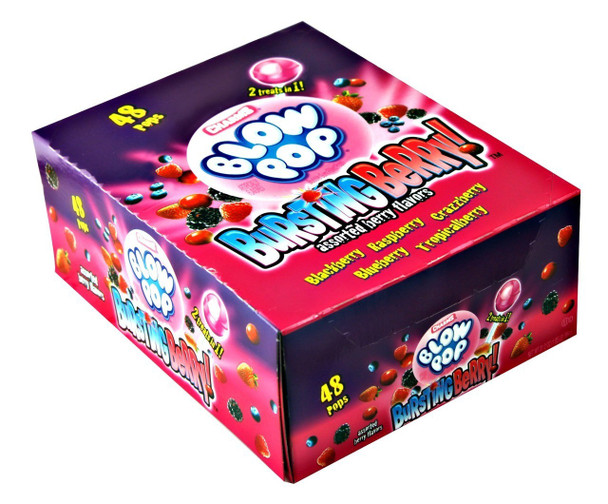 12 packs of 48 Bursting Berry Blow Pops. Assorted purple, red, blue berry flavors with bubblegum centers.