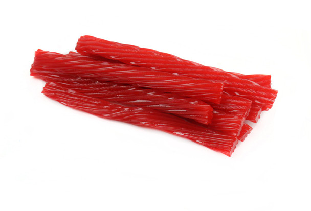 Cherry Jumbo Licorice Twists, bright red, 12 individually wrapped 8oz packs.