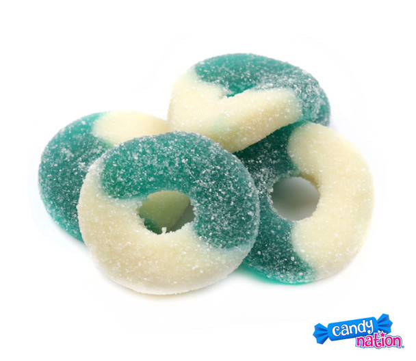 4 count, 4.5 LB bags of sweet, tangy blue and white raspberry gummy rings. Finely sanded Albanese gummies.