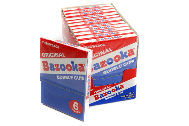 Vibrant retro colored 12-pack Bazooka Throwback Wallet bubble gum, 1980s graphics, classic comic strips, 5 sticks each.