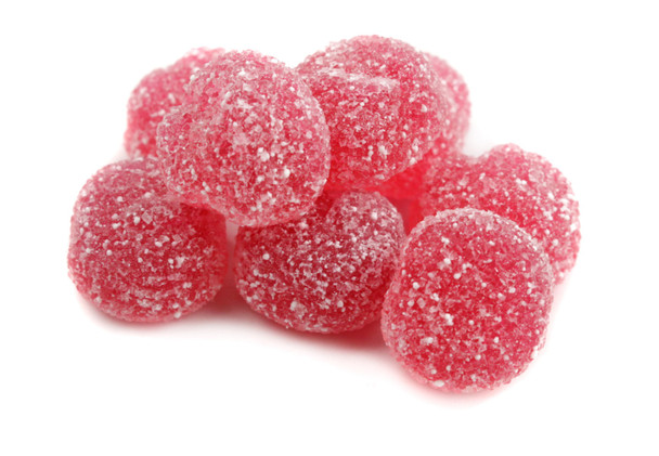 Bright red vegan sour cherry gummy dots, many round tangy 4.4 LB bulk candy.