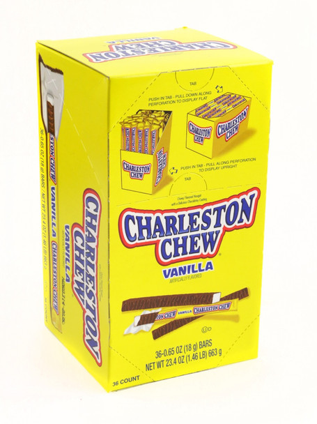 Charleston Chew Vanilla display box, 36 chocolatey coated white vanilla nougat candy bars.