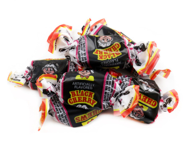 Alberts Black Cherry Fruit Chews, 18 bags, 240 count individually wrapped chewy dark red candy.