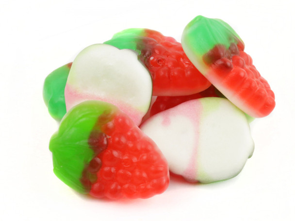 Bright red strawberry gummies, green stems, fluffy cream base. 5LB 4 count bulk bags, approx 375 pieces per bag.