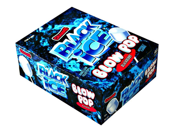 Black Ice Blow Pops, 12 packs, 48 black blackberry lollipops per box, bubble gum centers.