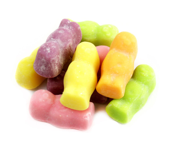 Gustaf's Jelly Babies, 3-count, 2.2lb bags. Multi-colored fruit gummies, powdered sugar, firm outside, soft jelly inside.