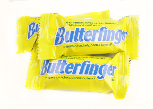 Bright yellow Butterfinger Fun Size candy bars, crunchy peanut butter in milk chocolate, 12 count 10.2oz bags.
