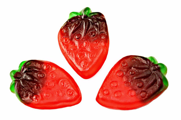 Gummy Strawberry and Cream candy, 4.4lb 6 Count. Bright red strawberries with green tops, creamy marshmallow bottoms.