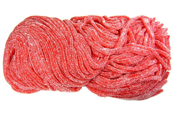 2 LB pink sour strawberry shoestring licorice laces, approximately 100 sugar-coated, chewy, 36-inch long laces.