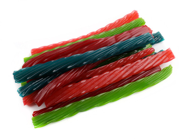 Bright assorted jumbo licorice twists. Strawberry red, watermelon, green apple, grape purple, blue raspberry.