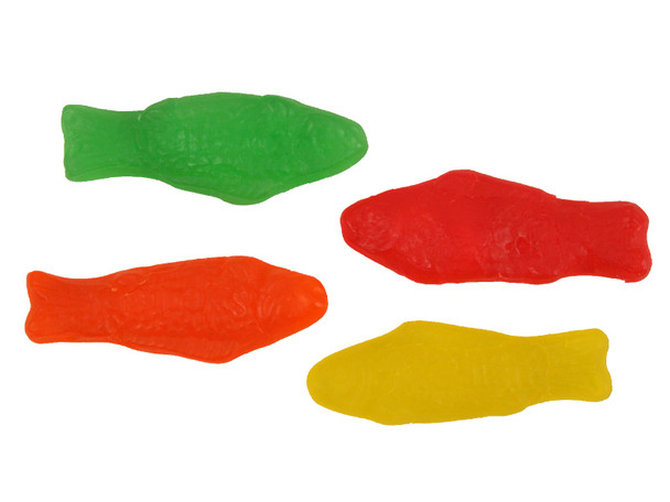 Assorted Swedish Fish 6 pack 5 lb bag. Chewy red, orange, yellow, green gummy candy. Gluten-free.
