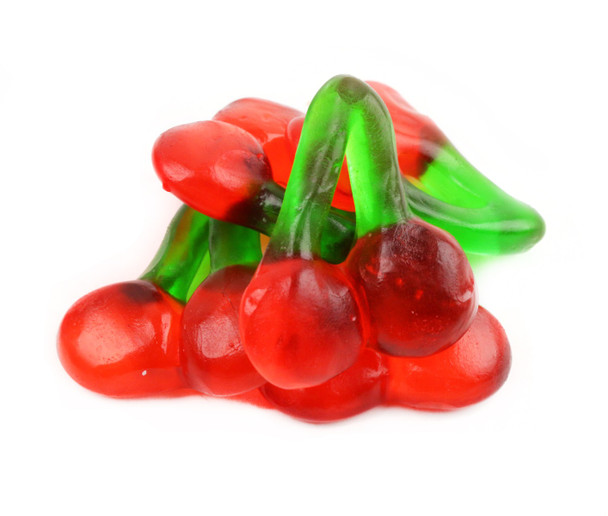 Haribo Gummy Happy Cherries, red cherry candy with green stems, 6 five-pound bulk packs.