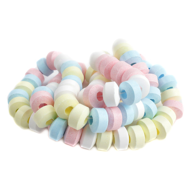 Unwrapped Smarties pastel multi-colored candy necklaces, 100 count pieces on elastic bands, 6 bulk packs.