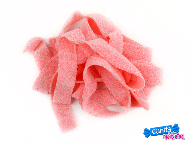 Dorval Sour Belts, pink lemonade flavor, 19.8 LB bulk case of tangy pink candy strips, coated in sour sugar.