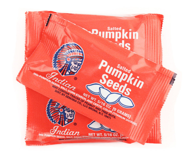 Green salted pumpkin seeds, 36 count total, packaged in 20 small Halloween snack packs.