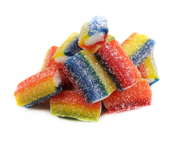 Sour Rainbow Licorice Bites, 2.2LB. Vibrant, bite-sized licorice sticks, sour sugar-coated, sweet cream-filled.