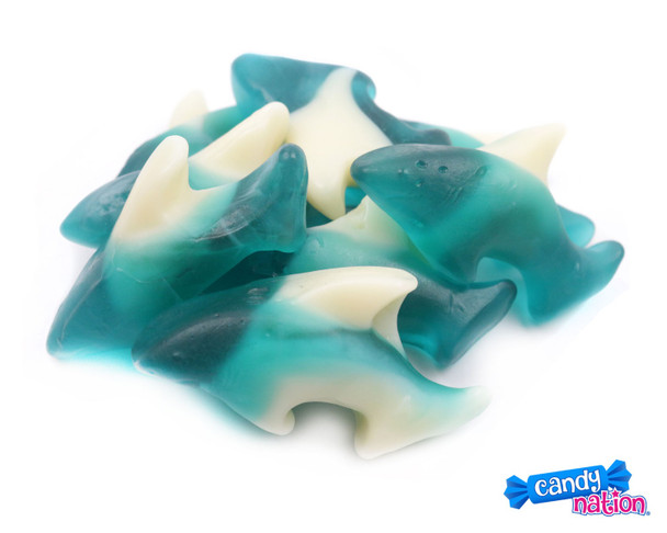 White fin gummy sharks, blue, red, green, yellow candy mix. Cherry, lemon-lime, blue raspberry flavors. 5 LB, 4 Count bulk.