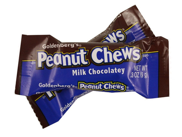 Goldenberg Peanut Chews, 4.5lb. Numerous milk chocolate pieces, rich brown, with chewy roasted nuts.