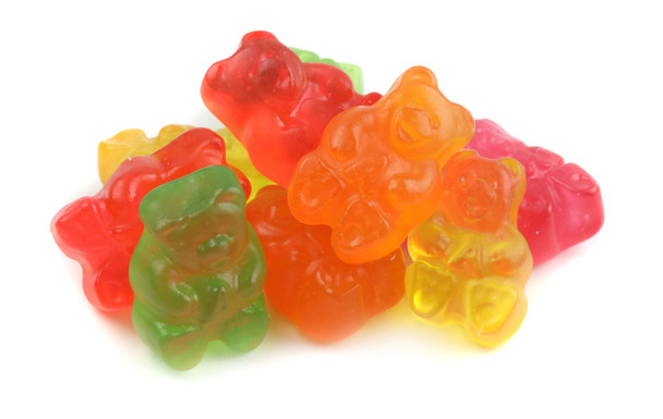 Colorful natural flavor gummy bears, a bulk 4/5lb case of strawberry, apple, orange, pineapple, lemon, cherry.