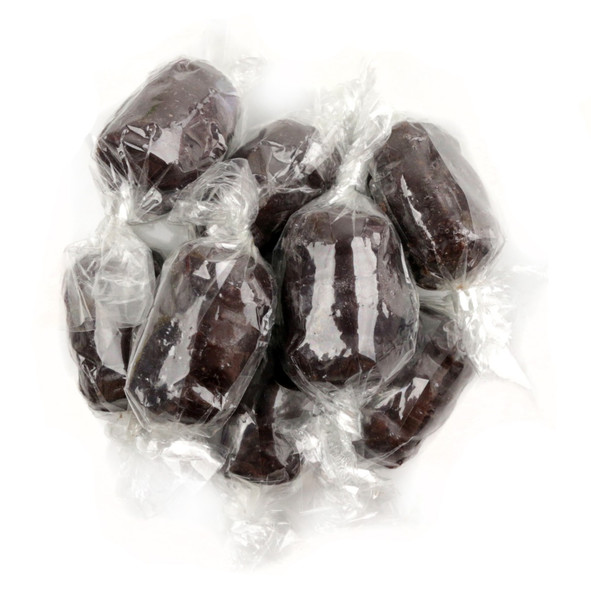 Five 5lb bags of individually wrapped, amber Root Beer Barrel hard candies with classic root beer flavor.