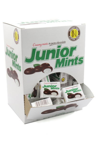 Junior Mints Fun Size chocolate mint candies, 72 pieces, 8 packs. Classic white mints covered in dark brown chocolate.