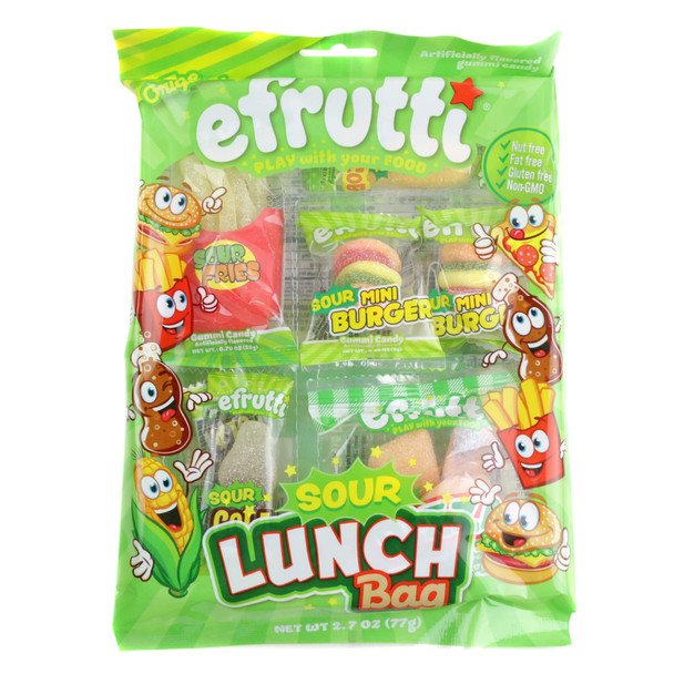 Gummy Sour Lunch Bag 12-pack. Assorted colorful candy burgers, yellow fries, red pizza, corn, and brown cola bottle gummies.