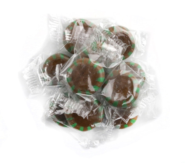 Chocolate mint hard candy, starlight mints with green stripes, brown center. 31LB case, approx 2480 pieces.