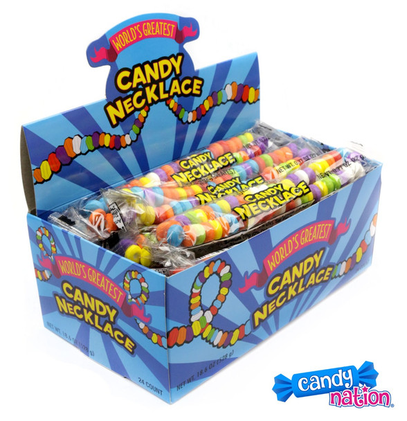 24 individually wrapped KoKo's Confectionery Candy Necklaces, vibrant rainbow colored fruity candy beads.