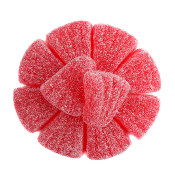 Vibrant pink grapefruit gummy wedges, sour sugar dusted. Three 2.2LB bags, approx 75 pieces per bag.