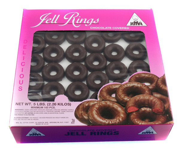 Joyva Raspberry Jelly Rings, 6x 5lb boxes, dark chocolate covered, sweet red raspberry jelly candy rings.