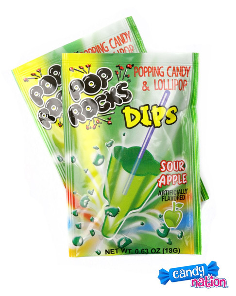 Pop Rocks Dips Sour Apple, green popping candy packets with lollipops, 18-pack box.