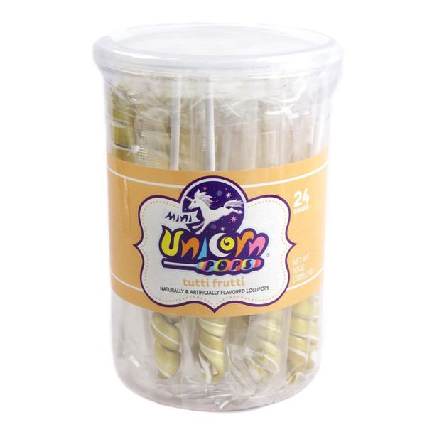 24 individually wrapped gold mini unicorn fruit candy lollipops.
