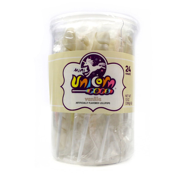 White Mini Unicorn Lollipops, 24 piece 6 count. Individually wrapped vanilla flavored candy, 6-1/4 inches long.