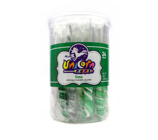 Green mini unicorn lollipops, 6 count pack of 24 pieces, individually wrapped, vibrant lime candy.