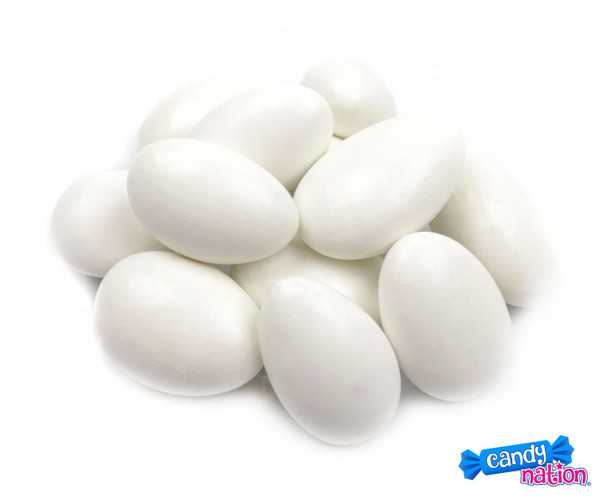 White Jordan Almonds, 10lb case. Elegant crunchy almonds with sweet candy shells, ideal for weddings and buffets.
