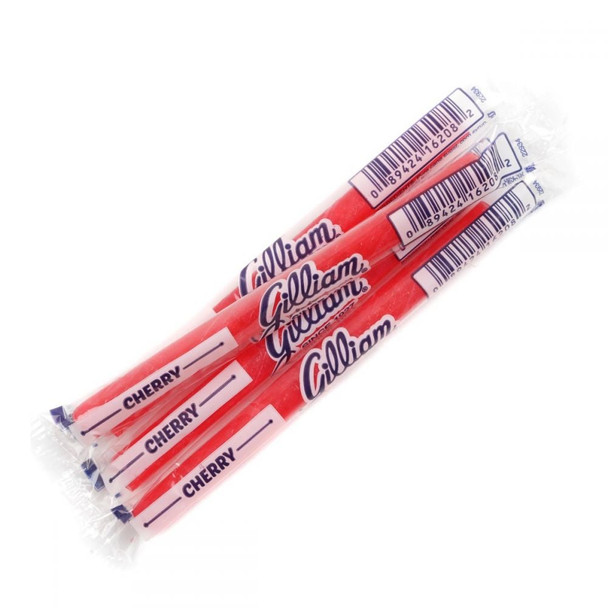 80 Gilliam Old Fashioned Cherry hard candy sticks, vibrant red and white striped, 5 inches long, individually wrapped.