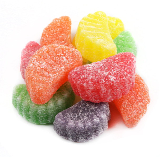 Brightly colored, chewy assorted fruit slices candy, 30lb bulk box. Lemon, orange, grape, cherry, lime flavors.