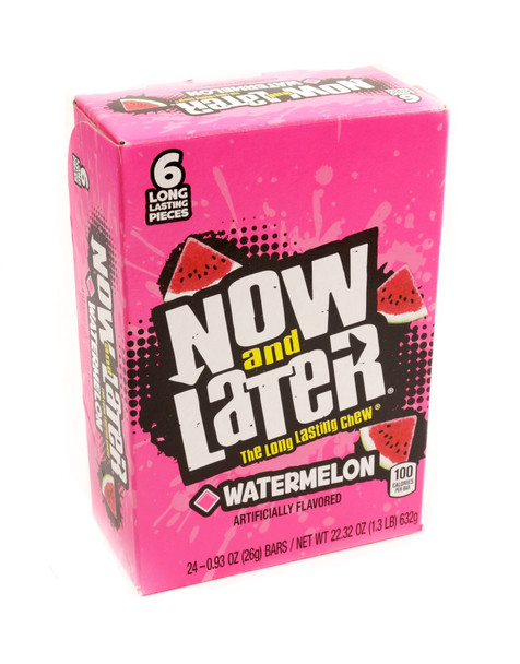 12 boxes of 24 red and green Now and Later Watermelon taffy chew packs.