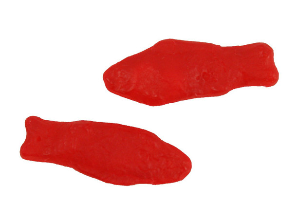 Six 5lb bags of bright red Swedish Fish candy, chewy, sweet, fish-shaped gummies.