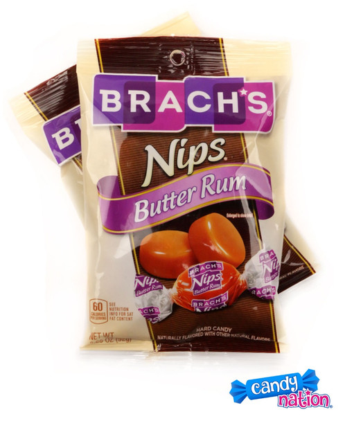 Butter Rum Nips hard candy, 12 bags 3.25oz each. Golden brown caramel pieces, rich buttery rum flavor.