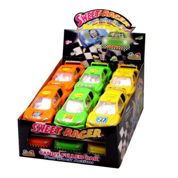Sweet Racer 12-count candy filled cars pack. Colorful race car shaped candy inside fun pull-back toys.