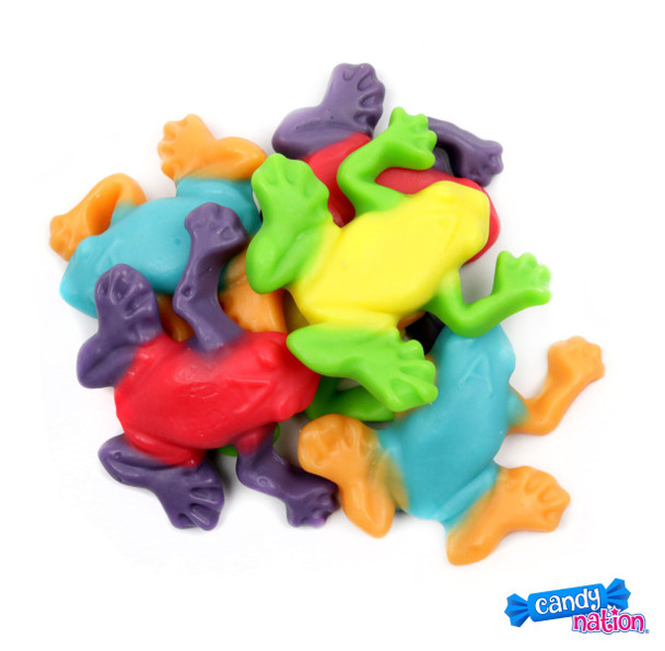 Vivid blue raspberry, orange, strawberry, grape, sour lemon, green apple Gummy Rainforest Frogs. 5lb bulk candy.