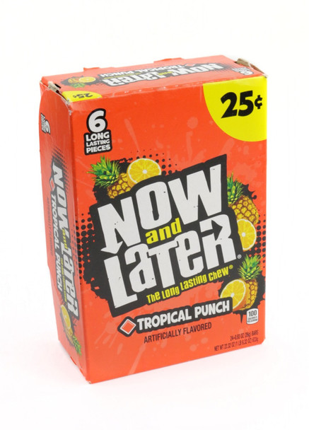 Colorful, individually wrapped Now and Later Tropical Punch hard chew taffy squares, 12 packs, 24 count.
