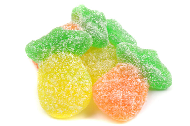 Chewy Gummy Sour Pineapples, yellow and orange bodies with green tops, tangy sour sugar coating, bulk candy.