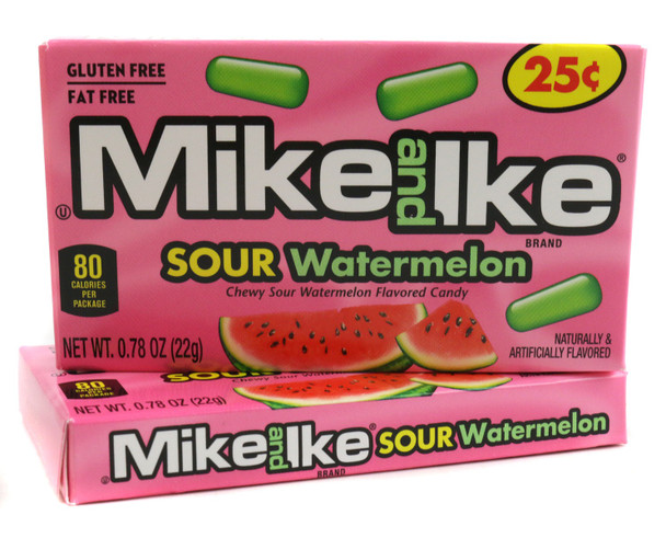 Mike and Ike Sour Watermelon chewy candy, 24 green and pink individual boxes.