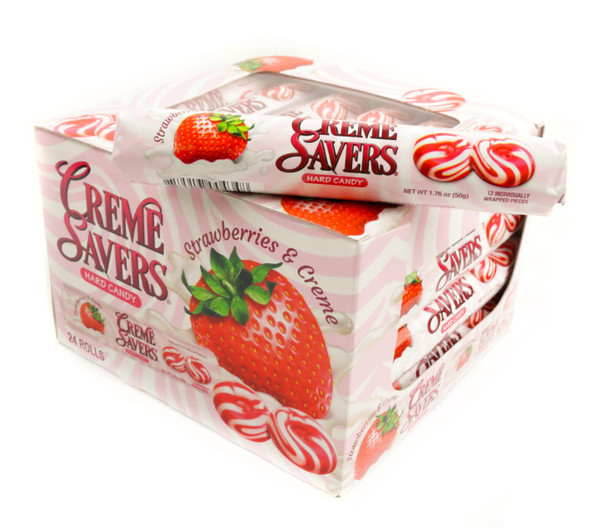 Creme Savers Strawberry & Creme Hard Candy, 6-pack rolls. Red and white striped candies, 24 pieces.