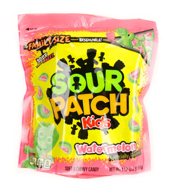Sour Patch Watermelons, green and red watermelon shaped gummies, sweet, sour, covered in white crystals, 90 per lb.