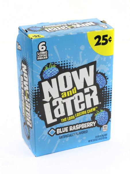 Now and Later blue raspberry hard chew taffy squares, 12 individually wrapped packs, 24 count.