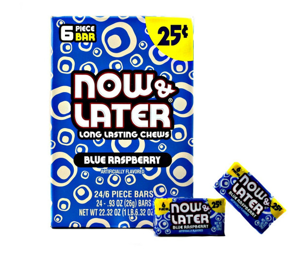 Now and Later blue raspberry hard chew taffy squares, 12 packs, 24 pieces total.
