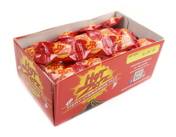 Vibrant red Zotz cinnamon hard candies with a hot, fizzy center. 12 or 24 pieces visible.